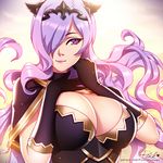  breasts camilla_(fire_emblem_if) capelet closed_mouth elbow_gloves fire_emblem fire_emblem_if gloves hair_over_one_eye large_breasts lips long_hair looking_at_viewer parted_lips pink_lady_mage purple_eyes purple_hair shiny shiny_clothes shiny_hair sidelocks smile solo tiara upper_body very_long_hair wavy_hair yellow_background 