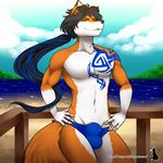  anthro beach bulge canine clothing fox hair hands_on_hips long_hair looking_at_viewer male mammal natysanime outside seaside smile solo speedo standing swimsuit underwear 