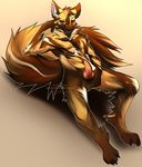  2017 5_fingers african_wild_dog angiewolf anthro balls brown_eyes brown_fur canine digitigrade fluffy fluffy_tail fur knot lying male mammal nude penis simple_background smile solo tan_fur 
