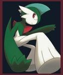  3_fingers armor black_background digital_media_(artwork) gallade green_skin helmet horn looking_away nintendo pok&eacute;mon red_border red_eyes red_horn simple_background video_games white_skin zaikudo 