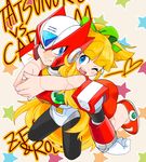  1girl android armor blonde_hair blue_eyes bow commentary_request dress gem gloves hair_ribbon hug joints long_hair looking_at_another one_eye_closed open_mouth ponytail red_dress ribbon rockman rockman_(classic) rockman_x roll smile tatsunoko_vs_capcom white_gloves yuriyuri_(ccc) zero_(rockman) 