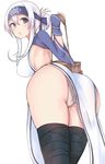  ainu_clothes ass black_legwear blue_eyes breasts headband highres kamoi_(kantai_collection) kantai_collection kinryuu large_breasts long_hair panties sidelocks simple_background solo thighhighs underwear white_background white_hair white_panties wide_hips 
