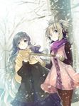  brown_eyes brown_hair closed_mouth earmuffs gradient_hair hijiri_byakuren long_hair looking_at_viewer makuwauri multicolored_hair multiple_girls purple_hair purple_scarf ritual_baton scarf short_hair smile snow touhou toyosatomimi_no_miko yellow_scarf 