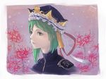  artist_name character_name closed_mouth dated flower green_eyes green_hair hat hat_ornament hat_ribbon lips portrait ribbon shiki_eiki short_hair sketch smile solo spider_lily touhou twitter_username uniform xia_oekaki 