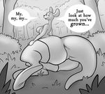  anthro big_butt breasts butt dialogue disney english_text female greyscale huge_butt kanga kangaroo living_plush looking_at_viewer looking_back mammal marsupial mature_female monochrome plushie smile solo speech_bubble talking_to_viewer text thick_thighs unknown_artist wide_hips winnie_the_pooh_(franchise) 