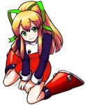  bad_id bad_pixiv_id bangs between_legs blonde_hair blush boots closed_mouth dress eyebrows_visible_through_hair from_above full_body green_eyes green_ribbon hair_ribbon hand_between_legs kunugi_akira long_hair long_sleeves looking_at_viewer ponytail red_dress red_footwear ribbon rockman rockman_(classic) roll shadow sidelocks simple_background sitting smile solo wariza white_background 