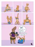  2017 anthro barefoot bear breasts brown_fur butt cat clothed clothing digital_media_(artwork) duo english_text exercise exercise_ball fan_character feline female fur grin gym_clothing jeans mammal newd nipples pants pose raised_tail shorts sitting_on_tail slightly_chubby smile text tired tongue tongue_out topless weights yoga 
