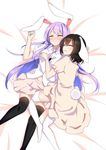  animal_ears bed_sheet black_hair black_legwear blush bunny_ears bunny_tail closed_eyes collared_shirt cuddling dress hand_on_another's_chest hug inaba_tewi lavender_hair leg_between_thighs long_hair lying midriff miniskirt multiple_girls navel on_back on_side open_mouth pleated_skirt reisen_udongein_inaba shirt short_hair short_sleeves skirt smile spooning sweatdrop tail thighhighs touhou wavy_mouth white_legwear xialuluo_(sharuro) 