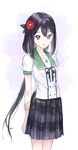  arms_behind_back bad_id bad_pixiv_id bangs black_hair black_skirt camellia collarbone commentary_request cowboy_shot ensemble_girls! flower hair_flower hair_ornament kimisaki_school_uniform kodama_hajime light_smile long_hair looking_at_viewer macciatto_(aciel02) parted_lips plaid plaid_skirt pleated_skirt purple_eyes red_flower school_uniform serafuku short_sleeves skirt solo standing 