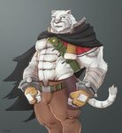  2017 abs anthro biceps big_muscles blue_eyes clothed clothing cuson feline fur grimoire_of_zero male mammal mercenary_(character) muscular muscular_male pecs simple_background solo tiger white_fur white_tiger 