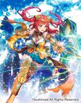  armor armored_boots boots bow bowtie cardfight!!_vanguard company_name flashing_glint_knight gloves green_eyes long_hair navel official_art open_mouth red_hair shutsuri sky solo sparkle sword teeth two_side_up weapon 
