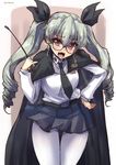  anchovy anzio_school_uniform bangs belt black_neckwear black_ribbon black_skirt blush breasts cape cowboy_shot dated dress_shirt drill_hair emblem girls_und_panzer glasses hair_between_eyes hair_ribbon hand_on_hip holding long_hair long_sleeves looking_at_viewer medium_breasts miniskirt necktie open_mouth pantyhose pleated_skirt purple-framed_eyewear ribbon riding_crop school_uniform shinshin shirt skirt solo standing thigh_gap twintails white_legwear white_shirt 