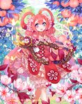 assistance_maiden_lucie braid bug butterfly cardfight!!_vanguard company_name flower flower-shaped_pupils food fruit hair_flower hair_ornament insect jewelry leaf long_hair necklace official_art open_mouth peach pink_hair purple_eyes scissors solo sptuel teeth 