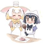  2girls animal_ears black_hair blonde_hair blush bow bowtie branding_iron bread commentary common_raccoon_(kemono_friends) fennec_(kemono_friends) food fox_ears gloves hat holding japari_bun japari_symbol kemono_friends multicolored_hair multiple_girls open_mouth raccoon_ears short_hair short_sleeves smile sparkle steepled_fingers thick_eyebrows toshi_mellow-pretty 