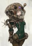  armor bodysuit breasts covered_navel fantasy green_bodysuit grey_eyes helmet highres impossible_clothes medium_breasts mujiha open_mouth original simple_background solo white_background 
