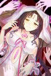  black_hair breasts cleavage commentary_request facial_mark fate/extra fate/extra_ccc fate_(series) forehead_mark highres horns large_breasts long_hair looking_at_viewer multicolored_hair navel sesshouin_kiara sideboob smile solo tomozero yellow_eyes 