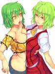  ascot bare_shoulders breast_press breasts butt_crack cleavage crop_top crossover green_hair hand_on_back hikage_(senran_kagura) kazami_yuuka large_breasts look-alike looking_at_another looking_at_viewer midriff multiple_girls plaid plaid_skirt plaid_vest red_eyes senran_kagura short_hair simple_background skirt symmetrical_docking tongue tongue_out torn_clothes touhou trait_connection vest white_background yellow_eyes yuuji_(and) 