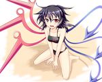  annoyed ashiroku_(miracle_hinacle) asymmetrical_wings bikini black_bikini black_hair breasts fang hands_on_floor houjuu_nue looking_at_viewer looking_to_the_side messy_hair navel open_mouth red_eyes short_hair sitting slit_pupils small_breasts solo swimsuit touhou wariza wings 