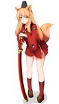  absurdres animal_ear_fluff animal_ears black_ribbon blonde_hair blush breasts commentary fang fate/extra fate/extra_ccc fate/extra_ccc_fox_tail fate/grand_order fate_(series) fox_ears fox_girl fox_tail full_body hat highres holding holding_sword holding_weapon japanese_clothes large_breasts long_hair looking_at_viewer orange_hair red_legwear ribbon ribbon-trimmed_sleeves ribbon_trim shoes simple_background smile socks solo standing suzuka_gozen_(fate) sword tail weapon white_background wide_sleeves yellow_eyes yomo_maru09 