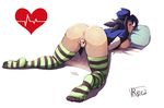  anus bar_censor blue_hair breasts censored fingering grin highres long_hair looking_at_viewer looking_back masturbation medium_breasts pussy ryuji_(red-truth) signature simple_background skullgirls smile solo spread_pussy striped striped_legwear sweat thighhighs valentine_(skullgirls) white_background 