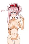  bikini blue_eyes blush breasts cosaten earrings fate/grand_order fate_(series) jewelry large_breasts looking_at_viewer miyamoto_musashi_(fate/grand_order) navel open_mouth pink_hair solo sweatdrop swimsuit translation_request v white_bikini 