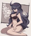  @_@ ahoge al_bhed_eyes black_hair breasts cleavage hairband hex_maniac_(pokemon) lamb-oic029 large_breasts long_hair messy_hair navel pokemon pokemon_(game) pokemon_xy purple_eyes purple_hair purple_hairband smile solo swimsuit 