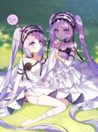  barefoot choker commentary_request dress euryale fate/grand_order fate/hollow_ataraxia fate_(series) finger_licking hairband holding_hands legs licking ling_(sroin) lolita_hairband long_hair multiple_girls outdoors purple_eyes purple_hair siblings sisters sitting stheno tears tongue twins twintails very_long_hair white_dress 