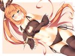  3: ass_visible_through_thighs bangle black_bra black_gloves black_legwear black_panties blush bra bracelet breasts brown_hair cat_cutout cat_cutout_panties cat_lingerie clarisse_(granblue_fantasy) cleavage cleavage_cutout dutch_angle embarrassed eyebrows_visible_through_hair frill_trim frown gloves granblue_fantasy green_eyes jewelry long_hair medium_breasts meme_attire navel panties ponytail shiren_(monochrome_structure) side-tie_panties solo sweatdrop thighhighs underwear very_long_hair 