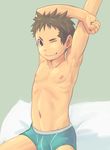  1boy bed brown_hair crotch male_focus nipples sitting smile topless underwear waking_up wince young zngo 