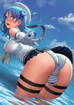  absurdres ass beret blue_eyes blue_hair blue_sky blush breasts cloud covered_nipples day double_bun elbow_gloves gloves hat highres kantai_collection large_breasts lasterk looking_at_viewer looking_back neckerchief open_mouth outstretched_arm outstretched_hand paid_reward panties patreon_reward pleated_skirt sailor_collar sailor_hat school_uniform see-through serafuku shirt skirt sky sleeves_rolled_up solo standing trefoil underwear urakaze_(kantai_collection) wading water wet wet_clothes wet_panties wet_shirt white_gloves white_hat white_panties 