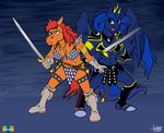  2017 anthro anthrofied armor bikini blue_hair boots breasts chainmail_bikini cleavage clothed clothing cutie_mark duo equine female footwear friendship_is_magic frown gloves hair holding_object holding_weapon horn mammal marmelmm melee_weapon my_little_pony navel princess_luna_(mlp) rabbi-tom red_hair red_shetland simple_background standing swimsuit sword unconvincing_armor vambraces weapon winged_unicorn wings 