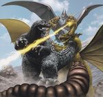  beam cloud cloudy_sky day dragon electricity godzilla godzilla_(series) kaida_yuuji kaijuu king_ghidorah larva monster mothra multiple_heads no_humans official_art open_mouth realistic rock rodan scales sky wings 