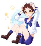  adjusting_clothes adjusting_hat blush boots brown_eyes brown_hair ensemble_stars! full_body hat koll looking_at_viewer male_focus sailor_collar sailor_hat solo tears tenma_mitsuru 