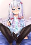 arm_at_side bangs bed bed_sheet black_legwear blue_eyes blush bow closed_mouth clothes_writing collarbone commentary eromanga_sensei eyes_visible_through_hair feet foreshortening gradient_hair gurande_(g-size) hair_bow half-closed_eyes highres holding izumi_sagiri knees_apart_feet_together long_hair looking_at_viewer low-tied_long_hair multicolored_hair nose_blush off_shoulder on_bed pantyhose pink_bow pink_hair raised_eyebrows shiny shiny_hair shirt short_sleeves silver_hair sitting smile soles solo spread_legs stylus very_long_hair white_shirt 