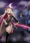  asymmetrical_clothes bangs blonde_hair cape earrings ereshkigal_(fate/grand_order) fate/grand_order fate_(series) hair_ribbon jewelry long_hair raki_(kuroe) red_cape red_eyes red_ribbon ribbon skull sword tiara twintails very_long_hair weapon 