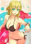  bare_shoulders bikini blonde_hair breasts cleavage commentary_request green_eyes large_breasts long_hair looking_at_viewer messy_hair mustard_seeds navel open_mouth original side-tie_bikini skindentation solo strap_gap surfboard swimsuit w wardrobe_malfunction yuuji_(and) 