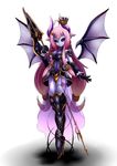  ahoge armor armored_boots black_sclera blue_skin boots demon_girl demon_horns demon_wings full_body highres holding holding_weapon horns looking_at_viewer ogawa_shou original pink_eyes pink_hair pointy_ears polearm smile solo spear weapon wings 
