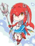  belly_chain blush bracelet breasts chibi closed_mouth crescent diamond_(shape) eyelashes fins fish_girl full_body gem gills headpiece highres holding holding_weapon jewelry mipha multicolored multicolored_skin nazonazo_(nazonazot) necklace no_eyebrows no_nipples no_pussy polearm red_skin silver_trim single_bare_shoulder small_breasts smile solo the_legend_of_zelda the_legend_of_zelda:_breath_of_the_wild trident two-tone_skin weapon white_skin yellow_eyes zora 