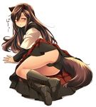  animal_ears black_footwear black_panties blush boots brown_hair cross-laced_footwear dress full_body hair_between_eyes half-closed_eyes highres imaizumi_kagerou knee_boots lace-up_boots long_hair long_sleeves looking_at_viewer on_ground panties red_eyes simple_background solo tail tears touhou translated underwear white_background wolf_ears wolf_tail yudepii 