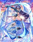  anklet barefoot barefoot_sandals black_hair blue_eyes braid breasts cardfight!!_vanguard cleavage company_name gloves harem_pants jewelry long_hair medium_breasts midriff navel official_art open_mouth pants sky soles solo sptuel sword teeth toeless_legwear veil waterback_knight_le_meace weapon 
