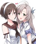  :d antenna_hair belt brown_eyes brown_hair commentary_request detached_sleeves green_eyes hair_ribbon hairband kantai_collection kinugasa_(kantai_collection) light_brown_hair long_hair looking_at_viewer morinaga_miki multiple_girls natori_(kantai_collection) neckerchief open_mouth ribbon sailor_collar short_hair smile upper_body white_background white_hairband 