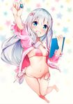  :d aqua_eyes arm_up bikini blush bow breasts eromanga_sensei feet frilled_sleeves frills groin hair_bow highres izumi_sagiri jpeg_artifacts legs long_hair long_sleeves looking_at_viewer navel nylon open_clothes open_mouth pajamas pink_bikini pink_bow side-tie_bikini sideboob silver_hair simple_background small_breasts smile solo star starry_background stomach string_bikini stylus swimsuit tablet thigh_gap unbuttoned white_background 