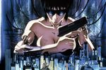  90s black_hair breasts building cable cityscape cyberpunk cyborg ghost_in_the_shell gun handgun kusanagi_motoko machinery official_art promotional_art scan science_fiction serious sunglasses toned traditional_media trigger_discipline weapon 