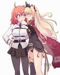  ahoge asymmetrical_clothes black_legwear blonde_hair blush cape dated earrings ereshkigal_(fate/grand_order) fate/grand_order fate_(series) fujimaru_ritsuka_(female) hair_ribbon jewelry long_hair multiple_girls open_mouth orange_hair pantyhose raki_(kuroe) red_eyes red_ribbon ribbon simple_background standing tiara twintails yuri 