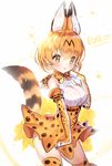  absurdres animal_ears bad_id bad_pixiv_id bare_shoulders blonde_hair bow breasts commentary elbow_gloves eyebrows_visible_through_hair gloves highres kemono_friends looking_at_viewer medium_breasts print_gloves print_legwear print_skirt serval_(kemono_friends) serval_ears serval_print serval_tail shirt short_hair skirt sleeveless sleeveless_shirt solo tail thighhighs tongue ttaji_(pass35) yellow_eyes 