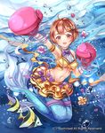  air_bubble bandages bow bowtie boxing_gloves brown_hair bubble cardfight!!_vanguard company_name fang flower hair_ornament impact_punch!_michiru mermaid midriff monster_girl mumutimex navel official_art open_mouth orange_eyes punching short_hair submerged underwater 