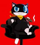  ambiguous_gender anthro armpits bandanna belt black_fur blue_eyes cat chair cigar feline fur grin inner_ear_fluff looking_at_viewer mammal megami_tensei morgana_(persona) multicolored_fur paws persona persona_5 simple_background sitting smile solo sssonic2 thick_thighs two_tone_fur white_fur wide_hips 