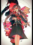  :d bangs black_hair black_shirt black_skirt blood blood_splatter blood_stain book book_stack border braid calligraphy_brush_(medium) chromatic_aberration circle danganronpa danganronpa_1 eyelashes fukawa_touko genocider_shou glasses glowing glowing_eyes highres holding jnt long_hair long_sleeves long_tongue looking_at_viewer medium_skirt open_mouth pleated_skirt red_eyes red_sailor_collar round_eyewear sailor_collar school_uniform scissors shadow shirt signature skirt smile solo song_name spoilers standing star swept_bangs teeth tongue tongue_out traditional_media twin_braids 