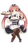 3: apron black_bow black_skirt bow breasts brown_hair brown_legwear cake cleavage cup food fork garter_straps gl_ztoh hair_bow highres holding holding_tray large_breasts long_hair looking_at_viewer maid maid_apron maid_headdress official_art red_eyes sha_(soccer_spirits) skirt slice_of_cake soccer_spirits solo spoon sweatdrop teacup thighhighs transparent_background tray twintails wavy_mouth wrist_cuffs 