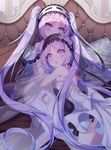  bed commentary_request dress euryale fate/grand_order fate/hollow_ataraxia fate_(series) hairband hug ling_(sroin) lolita_hairband long_hair multiple_girls open_mouth panties pillow purple_eyes purple_hair see-through siblings sisters stheno twins twintails underwear very_long_hair white_dress 